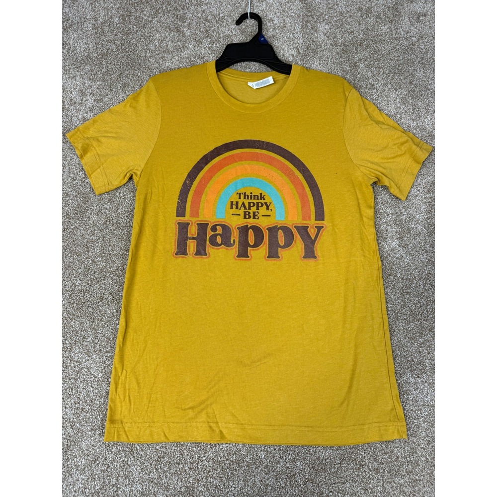Bella Canvas Mustard Yellow Think Happy Be Happy Rainbow T-Shirt Medium Boho Sun